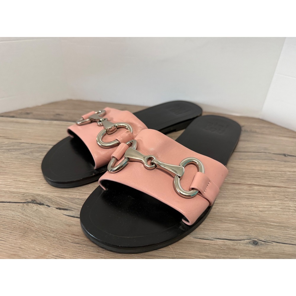 Bibi Lou Anthropologie Pink Leather Horsebit Buckle Slide Sandals Womens 37